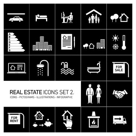 vector real estate icons set modern flat design pictograms white isolated on black backgroundのイラスト素材