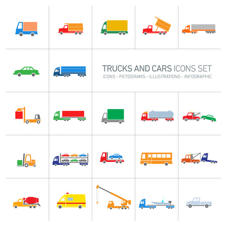 vector flat design trucks and cars transportation and shipping icons set modern colorful illustrations isolated on white backgroundのイラスト素材
