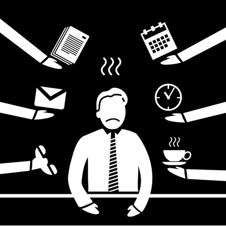 vector abstract flat design stressed and depressed businessman in his office icon white separated on black backgroundのイラスト素材