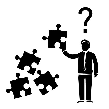 vector abstract flat design confused businessman icon with puzzle in his hand and question mark above | black pictogram separated on white backgroundのイラスト素材