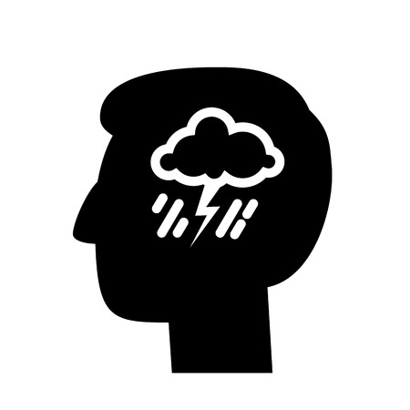 vector abstract flat design depression icon head with storm and rain inside brain | blackpictogram separated on white backgroundのイラスト素材