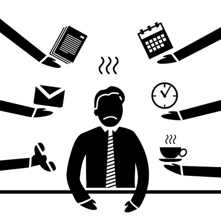 vector abstract flat design stressed and depressed businessman in his office icon black separated on white backgroundのイラスト素材
