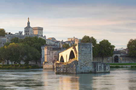 Avignon Bridge with Popes Palace and Rhone river at sunrise, Pont Saint-Benezet, Provence, Franceのeditorial素材