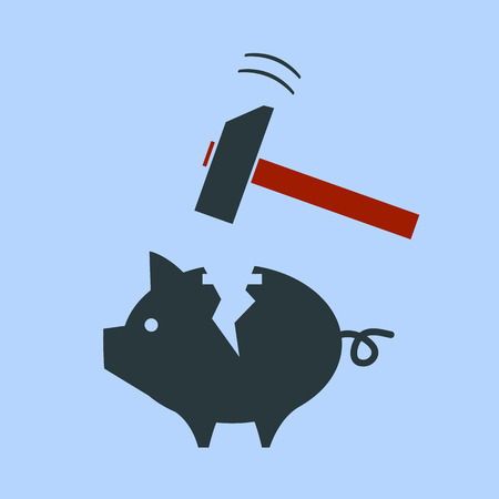 vector broken piggy money box with a hammer | modern flat design pictogram isolated on blue backgroundのイラスト素材