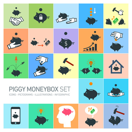 vector piggy moneybox and money bank icons set | modern flat design pictograms and illustrations isolated on colorful backgroundのイラスト素材