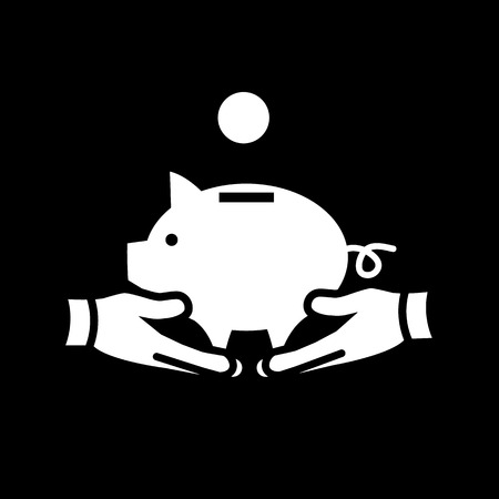 holding piggy money bank with two hands vector icon | modern white flat design pictogram isolated on black backgroundのイラスト素材