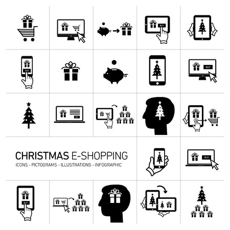 Vector christmas electronic online shopping business and technology icons set | flat design black pictograms isolated on white backgroundのイラスト素材