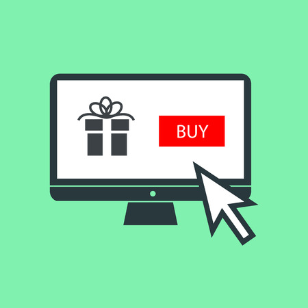 Vector buying christmas gift online on personal computer with one click electronic shopping business and technology icon | flat design pictogram isolated on green backgroundのイラスト素材