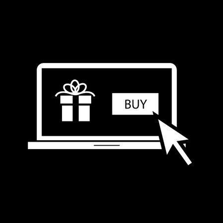 Vector internet online shopping on laptop icon | white flat design pictogram isolated on black backgroundのイラスト素材