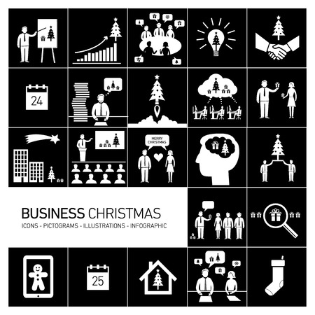 Vector business christmas icons set of people in different funny situations in office | flat design white pictograms illustration and infographics isolated on black backgroundのイラスト素材