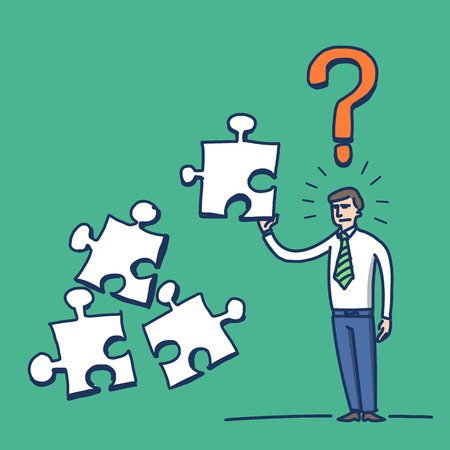 simple vector illustration of confused businessman with puzzle in his hand and question mark above | modern flat design colorful cartoon icon isolated on green backgroundのイラスト素材