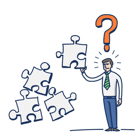 simple vector illustration of confused businessman with puzzle in his hand and question mark above | modern flat design colorful cartoon icon isolated on white backgroundのイラスト素材