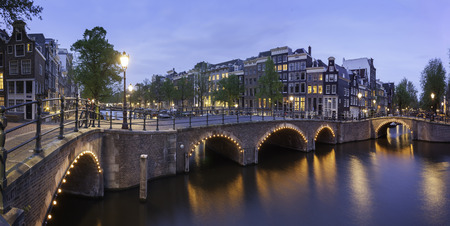 Beautiful panoramic view of Amsterdam canals with bridge and typical dutch houses. Holland, Netherlands, Europeの写真素材