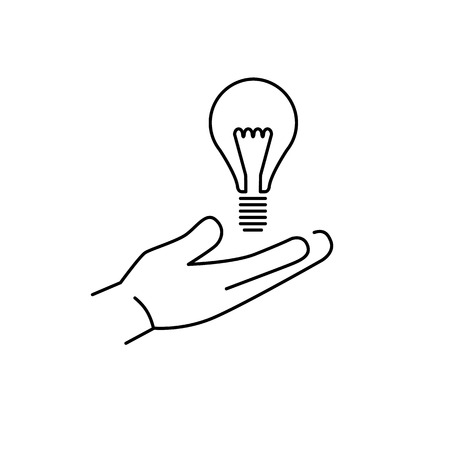 vector modern flat design linear icon of bulb in hand gesture | black thin line pictogram isolated on white backgroundのイラスト素材