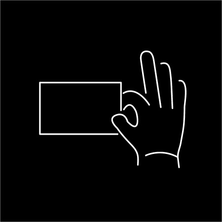 vector modern flat design linear icon of hand holding a card gesture | white thin line pictogram isolated on black backgroundのイラスト素材