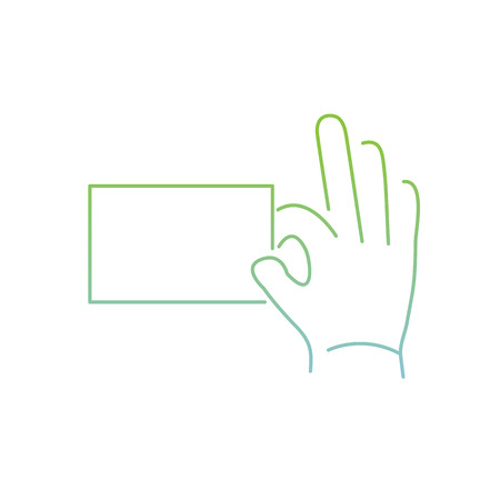 vector modern flat design linear icon of hand holding a card gesture | thin line pictogram with green and blue gradient isolated on white backgroundのイラスト素材