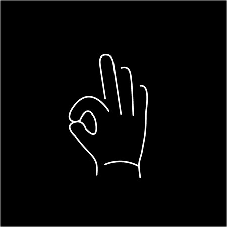 vector modern flat design linear icon of okay hand gesture | white thin line pictogram isolated on black backgroundのイラスト素材