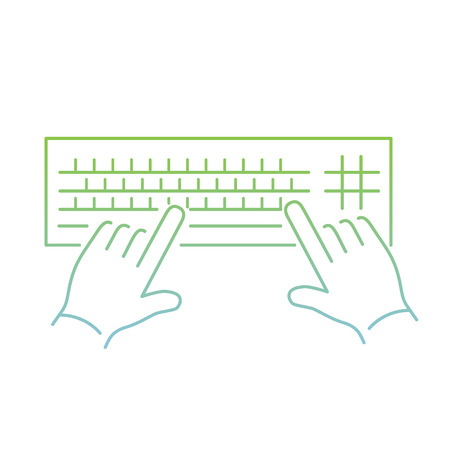 vector modern flat design linear icon of hand writing on keyboard gesture | thin line pictogram with green and blue gradient isolated on white backgroundのイラスト素材
