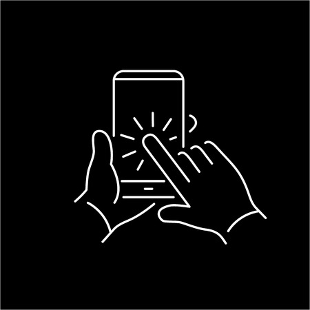Vector linear phone and technology icons set with hand tapping on smart phone touchscreen with one finger gesture | flat design thin line modern white illustration and infographic on black backgroundのイラスト素材