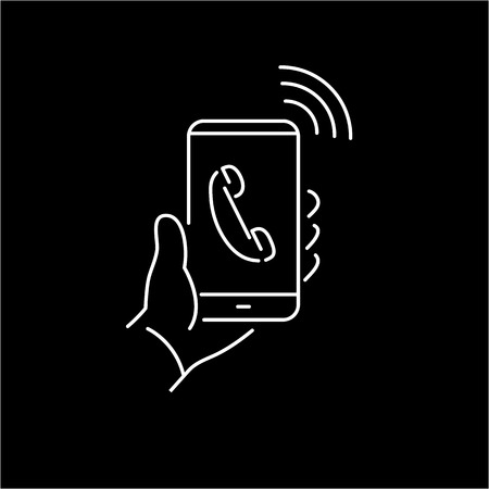 Vector linear phone and technology icons with hand phone call gesture holding phone in one hand | flat design thin line modern white illustration and infographic on black backgroundのイラスト素材