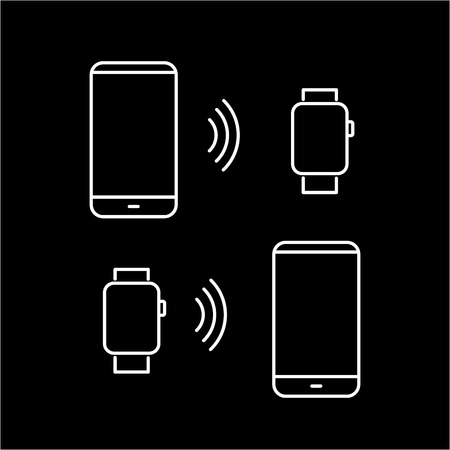 Vector smart watch linear icon with transferring data wirelessly between smartwatch and smartphone | flat design thin line white modern illustration and infographic isolated on black backgroundのイラスト素材