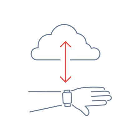 Vector smart watch linear icon with syncing smartwatches on hand gesture with cloud | flat design thin line blue and red modern illustration and infographic isolated on white backgroundのイラスト素材
