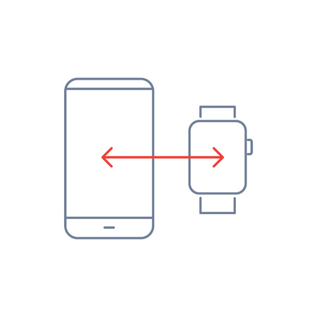 Vector smart watch linear icon with transfering data between smartwatch and smartphone | flat design thin line blue and red modern illustration and infographic isolated on white backgroundのイラスト素材