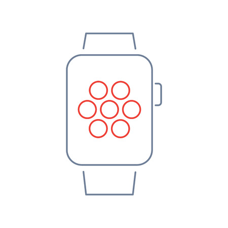 Vector smart watch linear icon with smartwatches homescreen | flat design thin line blue and red modern illustration and infographic isolated on white backgroundのイラスト素材