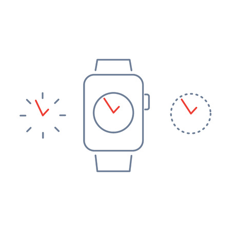 Vector smart watch linear icon with choosing different dial design on smartwatch display | flat design thin line blue and red modern illustration and infographic isolated on white backgroundのイラスト素材