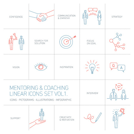 vector abstract mentoring and coaching linear icons and pictograms set of skills and solutions blues and red islated on white backgroundのイラスト素材