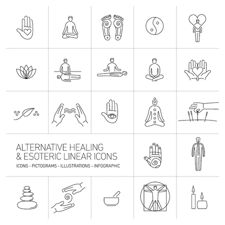 alternative healing and esoteric linear icons set black on white background | flat design illustration and infographicのイラスト素材