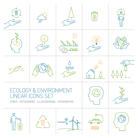 ecology and environment colorful vector icons set on white backgroundのイラスト素材