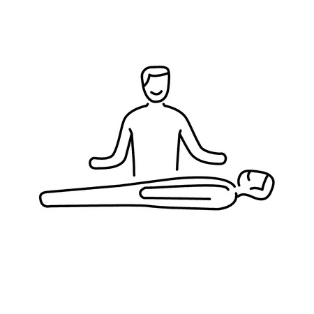 Man healing other man on massage table black linear icon on white background | flat design alternative healing illustration and infographicのイラスト素材