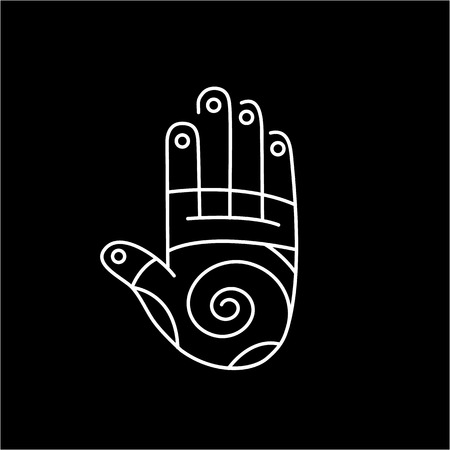 Reflex therapy energy zones on palm hand white linear icon on black background | flat design alternative healing illustration and infographicのイラスト素材