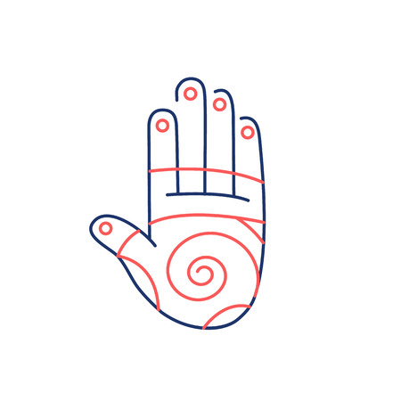 Reflex therapy energy zones on palm hand red and blue linear icon on white background | flat design alternative healing illustration and infographicのイラスト素材