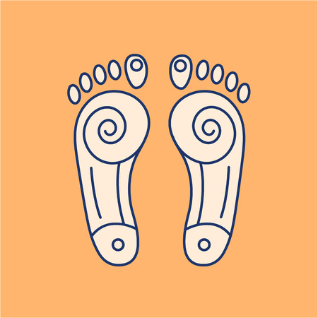 Reflex therapy energy zones on feet colored linear icon on orange background | flat design alternative healing illustration and infographicのイラスト素材