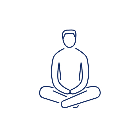 Man sitting and relaxing in meditation position blue linear icon on white background | flat design alternative healing illustration and infographicのイラスト素材