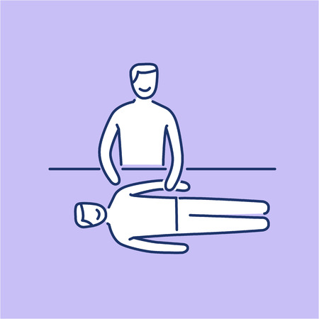 Man energetic healing other man on massage table white linear icon on purple background | flat design alternative healing illustration and infographicのイラスト素材