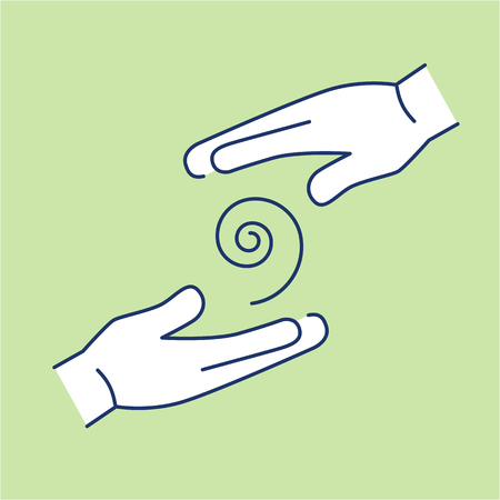Flowing healing energy between two hands white linear icon on green background | flat design alternative healing illustration and infographicのイラスト素材