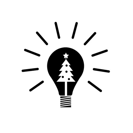 Vector new idea bulb icon with christmas tree inside | black flat design pictogram illustration and infographic isolated on white backgroundのイラスト素材