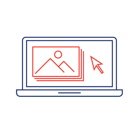 editing picture in photo editor software on laptop photography vector linear icon and infographic | illustrations of gear and equipment for professional photographers and amateurs blue and red isolated on white backgroundのイラスト素材