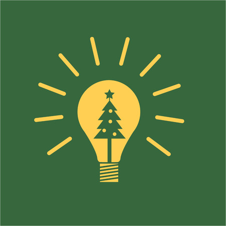 Vector new idea bulb icon with christmas tree inside | yellow flat design pictogram illustration and infographic isolated on green backgroundのイラスト素材