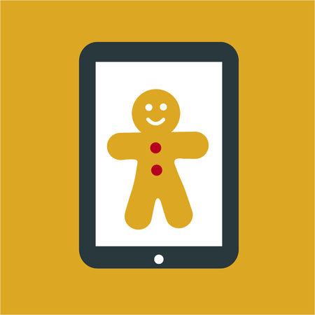 Vector christmas gingerbread man on tablet screen icon | white flat design pictogram illustration and infographic isolated on golden backgroundのイラスト素材