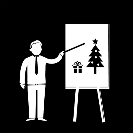 Vector icon of businessman presenting christmas tree and gift on board | white flat design pictogram illustration and infographic isolated on black backgroundのイラスト素材
