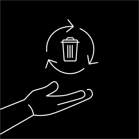 Recycle bin in hand gesture ecology and environment vector icon and infographic white on black...