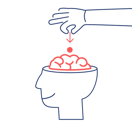 Conceptual vector icon of suggestion viral and guerilla marketing inserting thoughts into the brain | modern flat design business linear illustration and infographic concept red and blue on white backgroundのイラスト素材