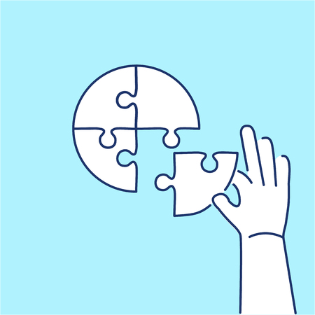 Conceptual vector icon of person making puzzle to pie chart | modern flat design marketing and business linear illustration and infographic concept on blue backgroundのイラスト素材