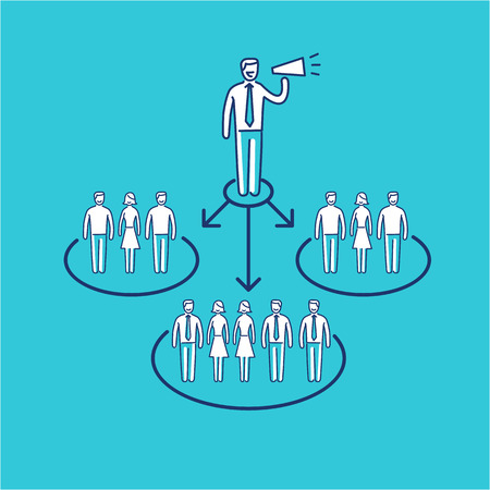 Conceptual vector icon of pr public relations communication with different groups of people | modern flat design marketing and business linear illustration and infographic concept on blue backgroundのイラスト素材