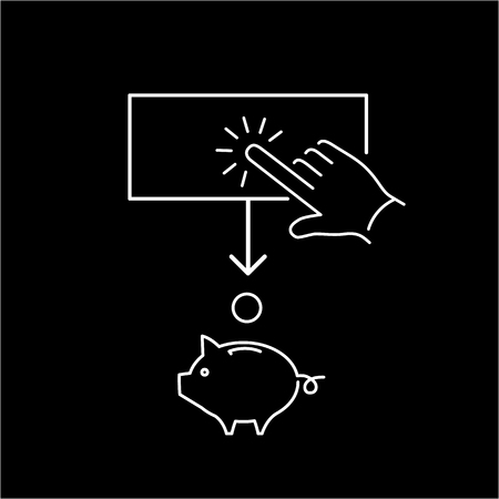 Conceptual vector of ppc campaign pay per click icon with hand tapping on button and coin falling in to piggy money bank | modern flat design marketing and business linear illustration and infographic concept white on black backgroundのイラスト素材