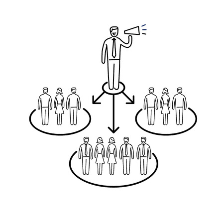 Conceptual vector icon of pr public relations communication with different groups of people | modern flat design marketing and business linear illustration and infographic concept black on white backgroundのイラスト素材